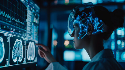 Poster - Side view of the young woman. a woman scientist in a technological uniform studies information on a virtual digital screen. Technology and modernity concept.