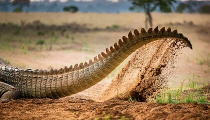  The strong, scaly tail of a crocodile swinging upward, breaking through turf and scattering 