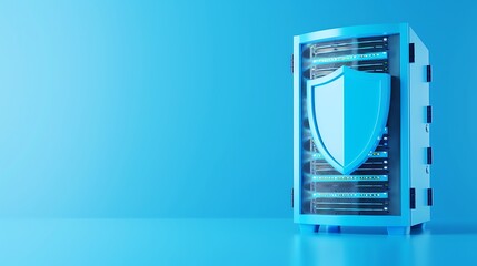 A server rack with a shield symbolizing data protection and cybersecurity on a blue background.