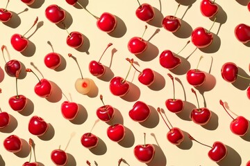 A pattern of bright red cherries on a yellow background, with long shadows.