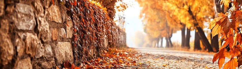 Wall Mural - A serene autumn scene featuring a stone wall lined with vibrant orange and yellow leaves, illuminated by soft sunlight.