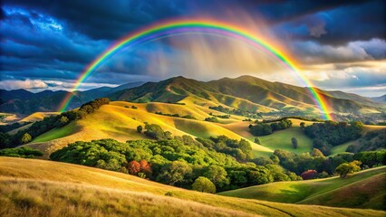 Wall Mural - Rainbow over the golden hills of Mount Diablo in Northern California with forced perspective