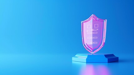 Poster - abstract concept of digital protection, pink shield hologram on blue background, symbolizing cyberse
