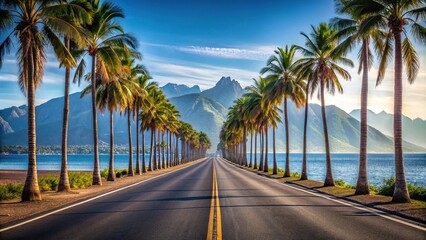 Wall Mural - Road and palm trees with rocky mountains in Krabi, Thailand