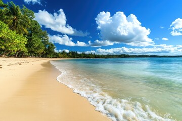 A pristine sandy beach with clear blue water and a beautiful sky filled with white, fluffy clouds, surrounded by vibrant greenery and palm trees.