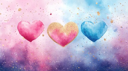 Poster - Golden wallpaper, heart banner, pink, blue, lilac watercolor spots