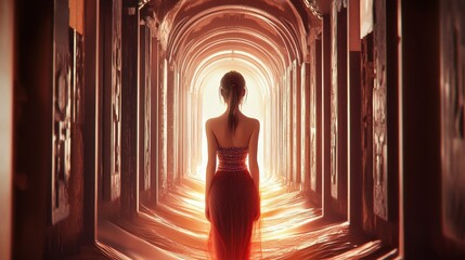 Poster - a women standing center, add a light multicolors around her, ray tracing, depth of field, bold shape