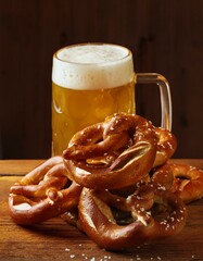 Background with glass mugs of beer and a pile of traditional artisan pretzels. Oktoberfest, a German Bavarian celebration, beer holiday. 
