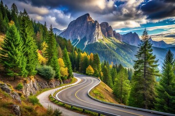 Wall Mural - Scenic mountain road with curvy path and forest backdrop