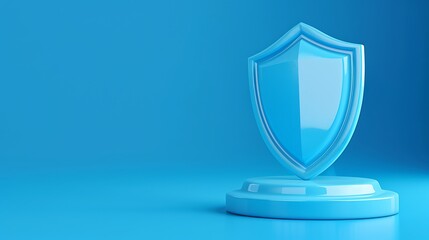 Poster - blue shield on pedestal symbolizing protection and security. minimalistic design on a blue backgroun