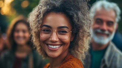 Poster - a woman with glasses smiling with a group of people behind her in the background