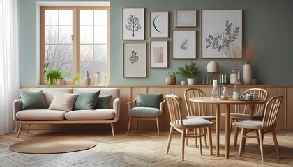 living room interior, Sofa and chairs near wooden table against window. Scandinavian style interior design of modern dining room with pastel green wall with frames. created with generative A.I.