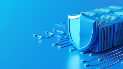 Poster - Blue shield symbolizing cybersecurity and data protection on a digital background with circuits and data storage components.