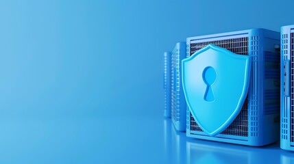 Poster - Blue shield with keyhole icon on server stacks, symbolizing cybersecurity and data protection in technology infrastructure.