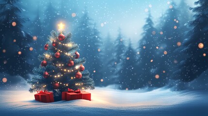 Wall Mural - a Christmas tree with presents in the snow with a blue sky background