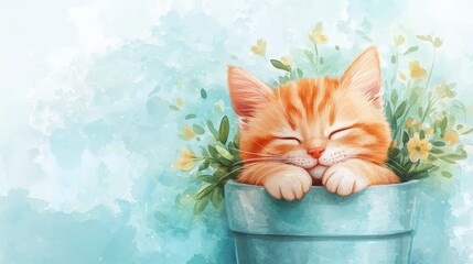 Wall Mural - Cartoon cat in pot with crayon lines on light blue watercolor image