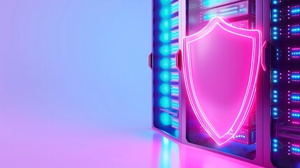 Poster - Cybersecurity concept with a glowing shield icon on a server rack, representing data protection and network security in a futuristic setting.