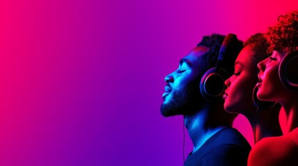 A diverse group of friends listening to music and podcasts, showcasing a sense of connection, relaxation, and individual expression through headphones.