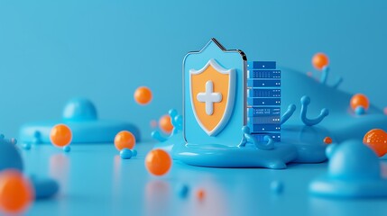 Poster - Cybersecurity concept with shield, server, and data protection icons in a blue and orange abstract 3D illustration.