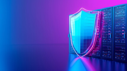Poster - Cybersecurity data protection concept with a shield and server. Secure internet infrastructure against cyber threats. Futuristic digital technology.