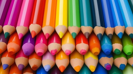 Poster - A row of colorful pencils with the top one being purple. The pencils are lined up in a row and are of different colors