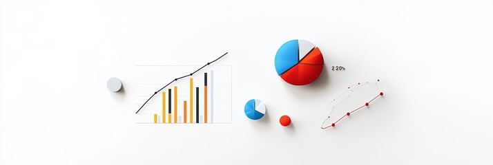 A flat lay composition with colorful charts and graphs representing business success, growth, analysis, and data visualization.