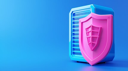 Poster - Cybersecurity image showcasing a server protected by a shield, symbolizing data protection and secure networks on a blue background.