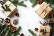 © Jane_S - Flat lay of natural Christmas decorations, including pinecones, cinnamon sticks, and wrapped gifts, arranged in a minimalist style.