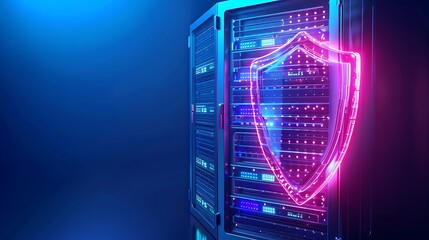 Poster - Data center server rack protected with a neon shield symbol, representing cybersecurity and data protection in a blue light environment.