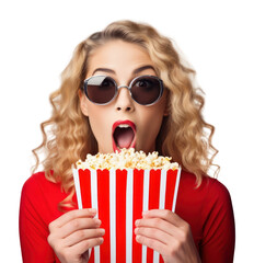 Sticker - PNG A shocked young woman eating popcorn while watching movie white background hairstyle surprise.