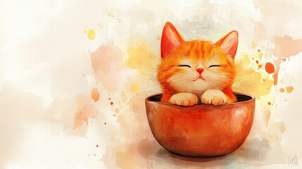 Wall Mural - Orange cartoon cat sitting in a pot on light brown watercolor background