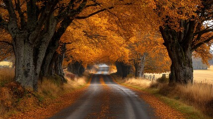 Wall Mural - A tranquil autumn road surrounded by vibrant orange foliage creates a serene and picturesque landscape.