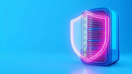Poster - Data security concept with a neon shield and server on a blue background, symbolizing data protection and cyber defense.