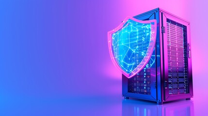 Poster - Data security concept with a server, shield symbolizing protection and glowing lines representing secure connections.