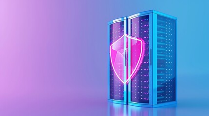 Poster - Data security concept with a shield symbol in front of a server rack, representing protection and cybersecurity in a digital environment.