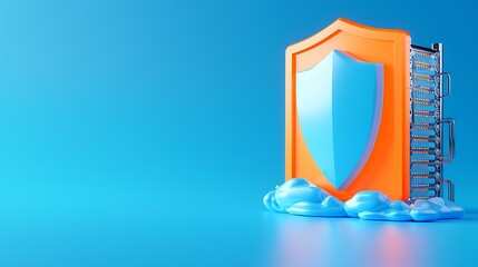 Poster - Data security concept with an orange shield and server in a cloud on a blue background, symbolizing protection, cloud storage, and cybersecurity.