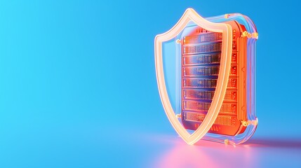 Poster - Data server protected by a digital shield on a blue background, symbolizing cybersecurity and data protection.