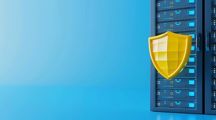 Poster - Data server rack with a yellow security shield icon on a blue background, representing data protection and cybersecurity.