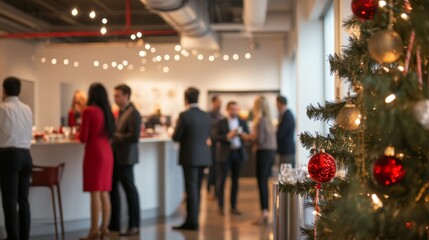 Festively Decorated Office Space with Employees Mingling at Corporate Holiday Party