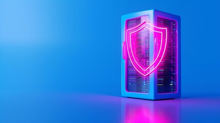 Poster - Data server with neon security shield symbolizing cybersecurity and data protection on bright blue background.