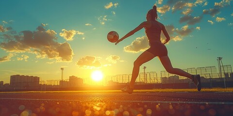 Poster - Silhouette of a Woman Playing Volleyball at Sunset