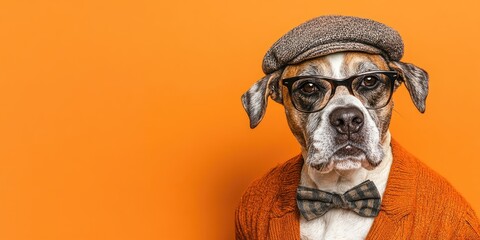 A charming dog sporting a classic hat and stylish glasses, posing against a vibrant orange background, creating a whimsical atmosphere that invites smiles and joy, copy space