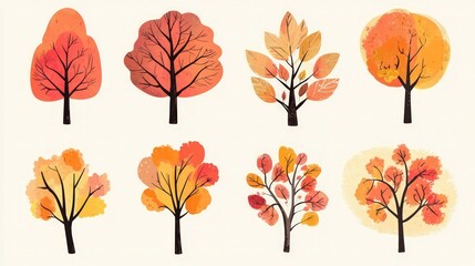 Wall Mural - Autumn-themed vector illustration set of trees in seasonal colors, ideal for decorative uses.