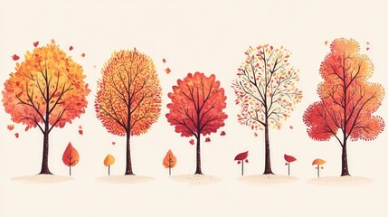 Wall Mural - Autumn-themed vector illustration set of trees in seasonal colors, ideal for decorative uses.