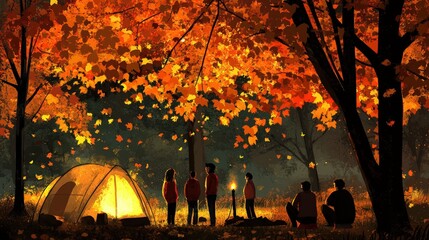 Wall Mural - Autumn camping scene with friends gathered around a campfire.