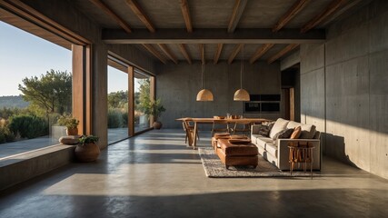 A large open living room with a couch, coffee table, and potted plants. Interior Design, Luxury Decor