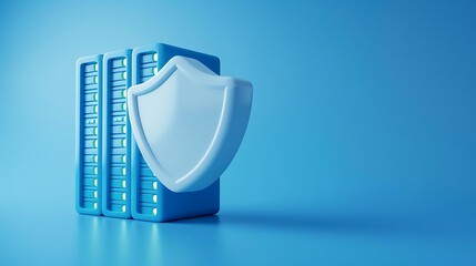 Poster - Digital data security concept with shield and server on blue background. Protect your information online and on secure servers.
