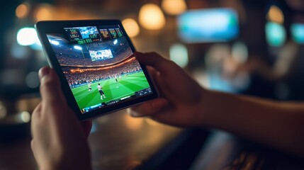 Watching live sports on a tablet at a dimly lit bar during an exciting match in the evening