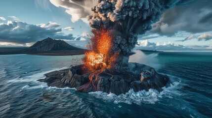 Poster - A powerful explosion at the peak of a volcano on a deserted island, with a shockwave visible in the surrounding waters.