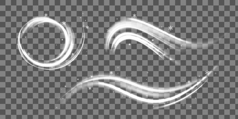 Poster - Realistic set of snow storm or wind swirls isolated on transparent background. Vector illustration of white spiral, wave, curve vortex effect.
